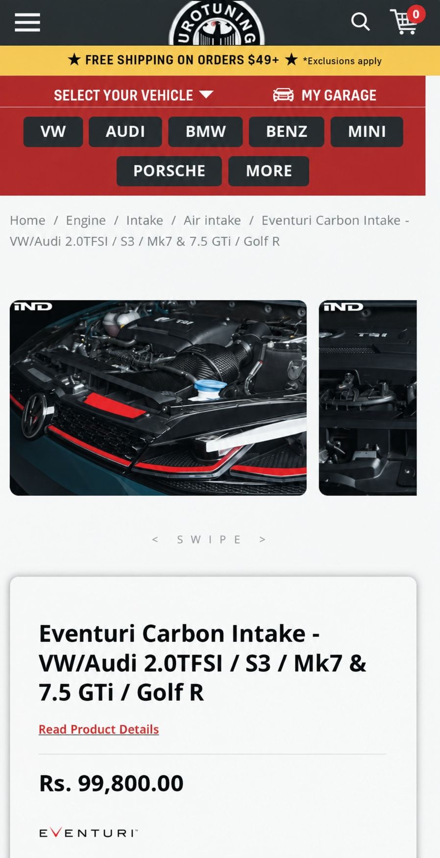 UroTuning product detail page on mobile — vehicle selector, gallery and product details