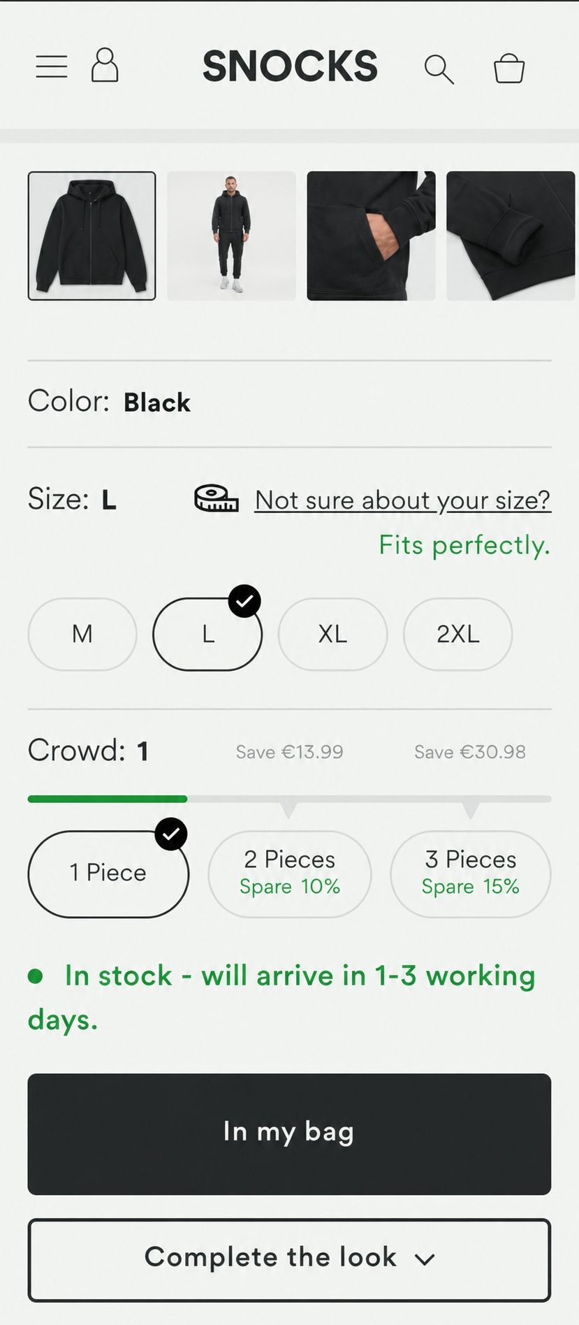 SNOCKS product page with size and bundle selection